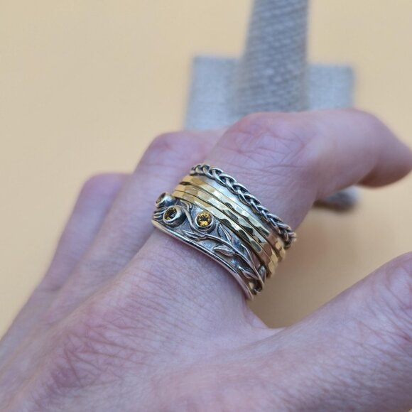 Size 10.25 Sterling Silver Triple Citrine Gem Spinner Nature Ring A5332 - Picture 5 of 10
